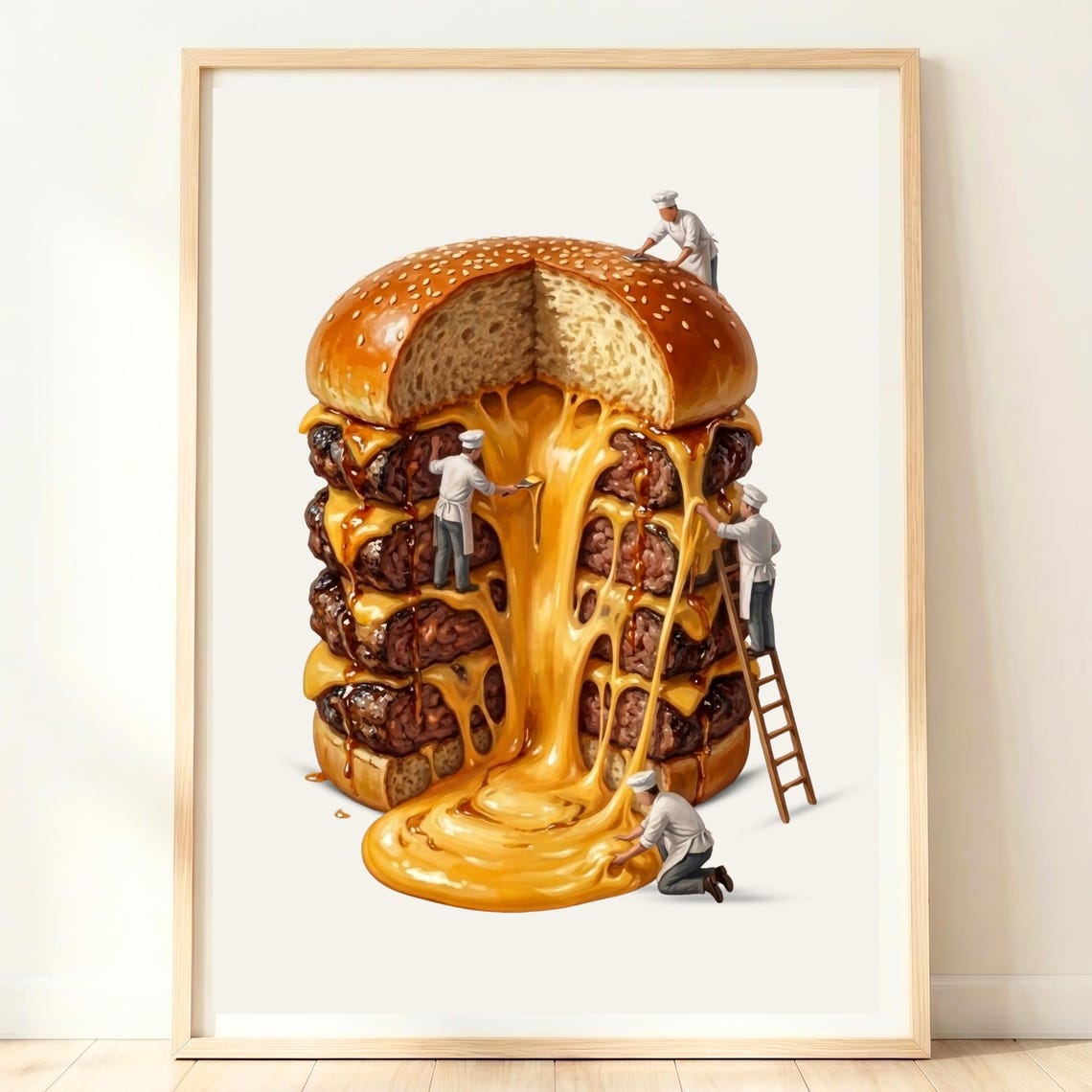 Giant Cheeseburger Whimsical Tiny Chef Fun Food Kitchen Wall Art