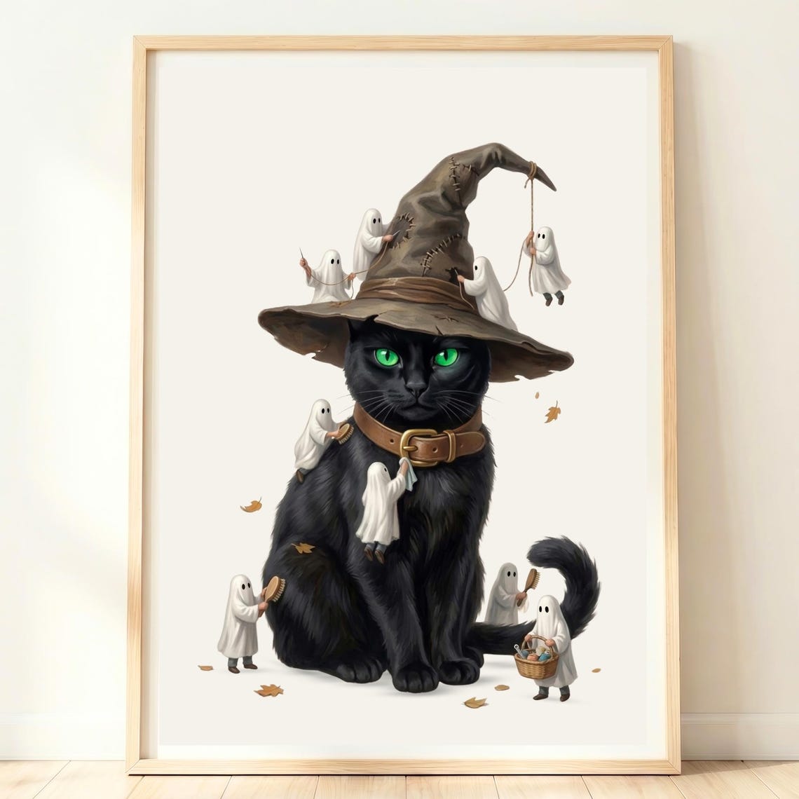 Black Cat In Witch Hat With Tiny Ghosts Cute Halloween Poster