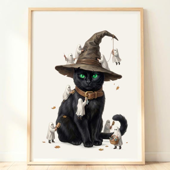 Black Cat Halloween Art Witch Print Ghost Decor Spooky Wall