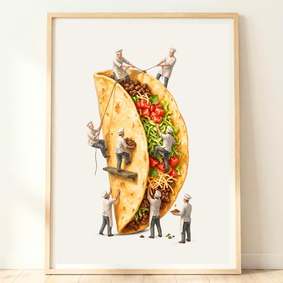 Giant Taco With Tiny Chefs Assembling Meat Cheese And Tomato Poster