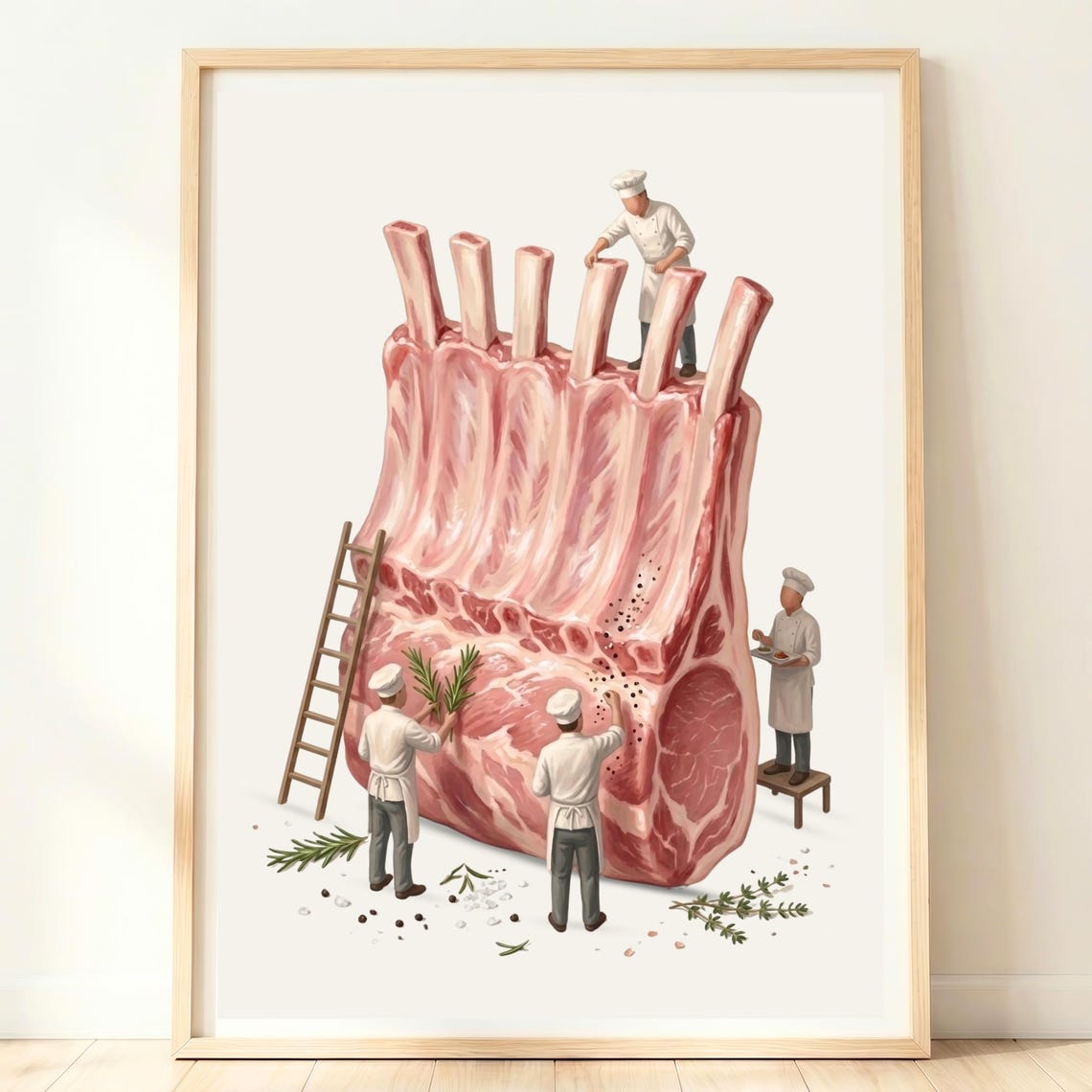 Giant Raw Pork Rib Rack With Tiny Chefs Funny Butcher BBQ Art Poster