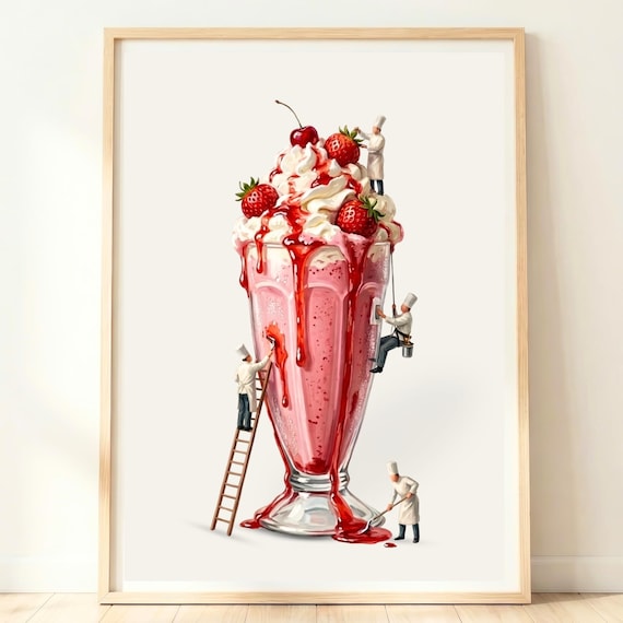 Strawberry Milkshake Retro Poster, Sweet Café Decor