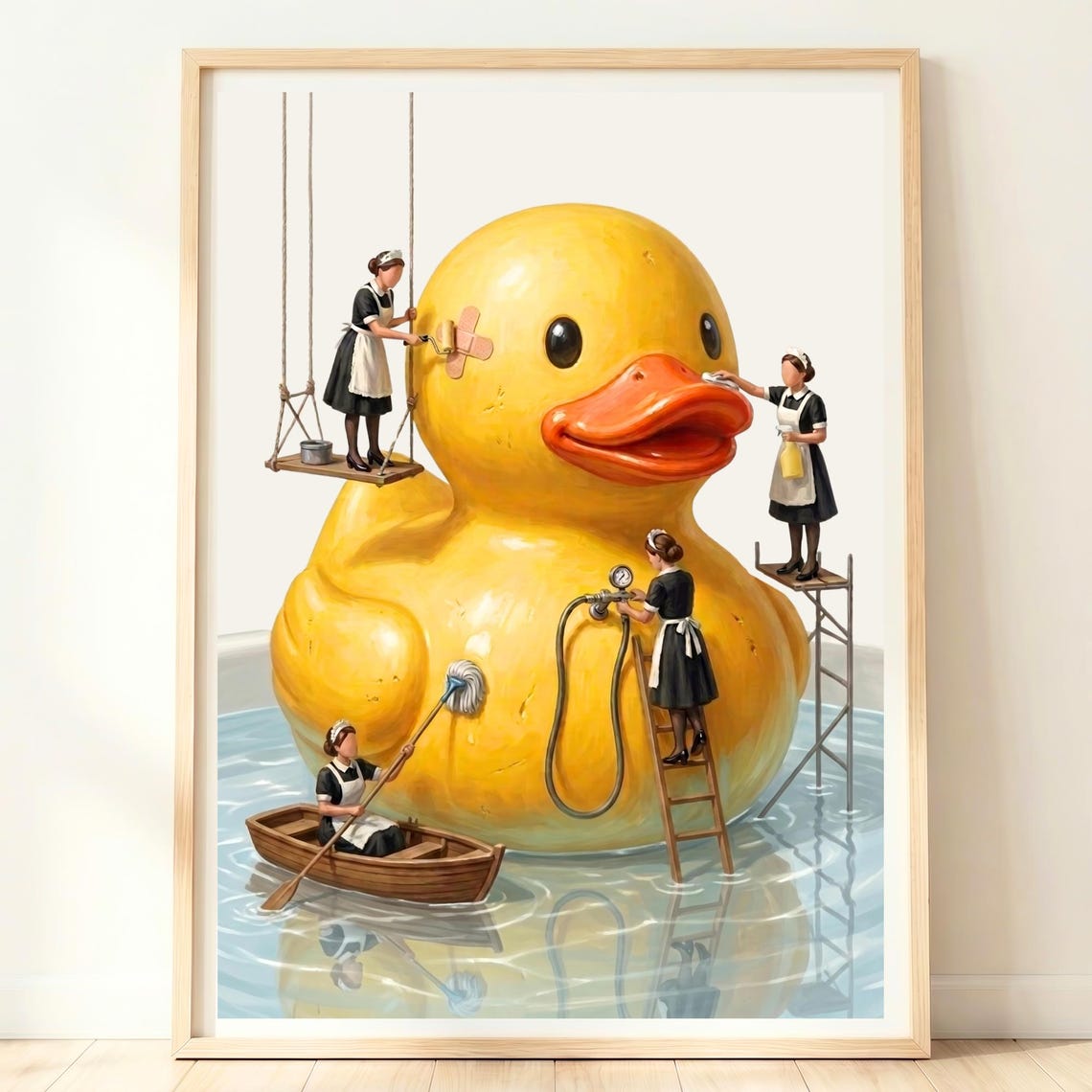 Tiny Maids Washing Giant Yellow Rubber Duck Bathroom Fun Poster