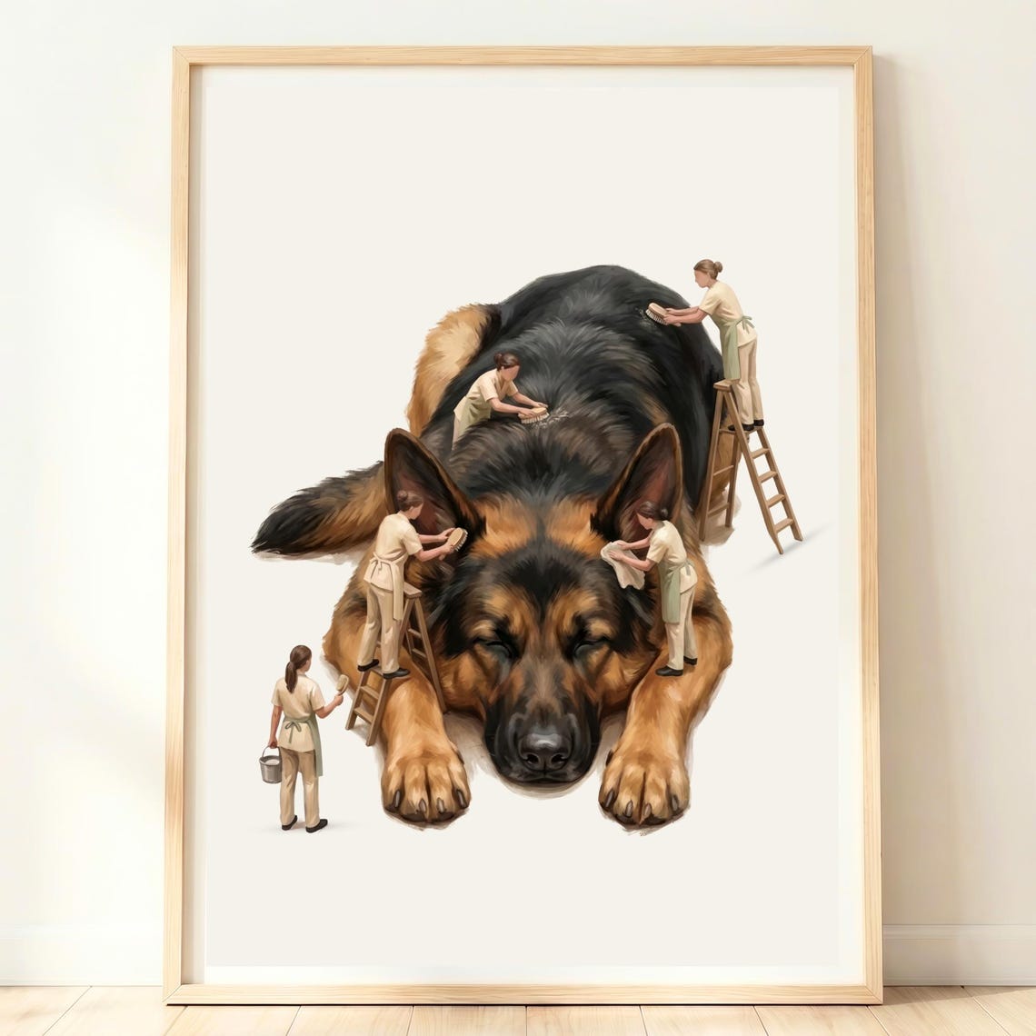 Giant German Shepherd Grooming Tiny Groomers Funny Dog Poster