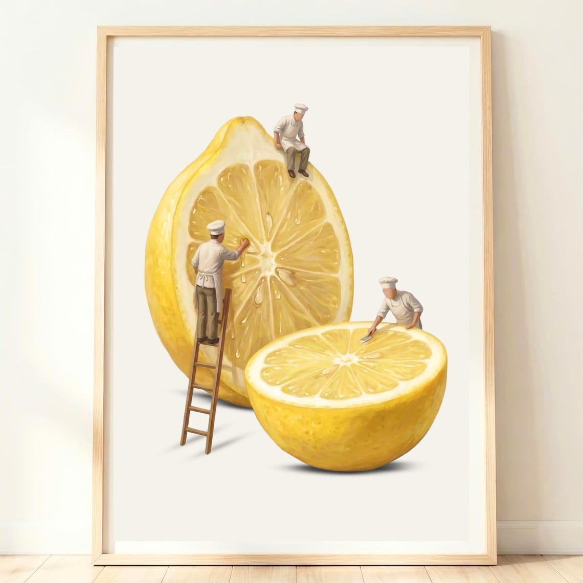 Giant Lemon Half Tiny Chefs Surreal Citrus Kitchen Art Poster