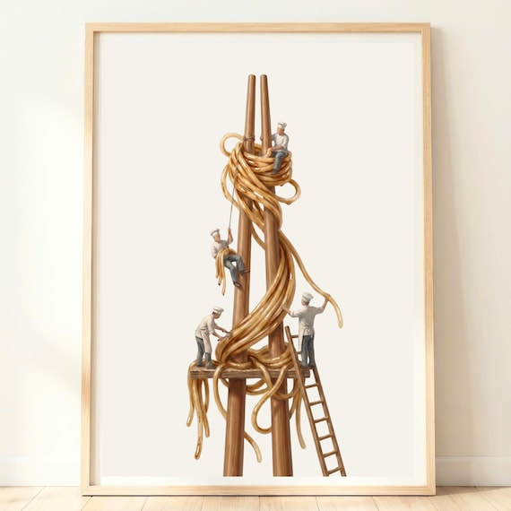 Tiny Chefs Climbing Giant Chopsticks Wrapped In Noodles Whimsical Poster
