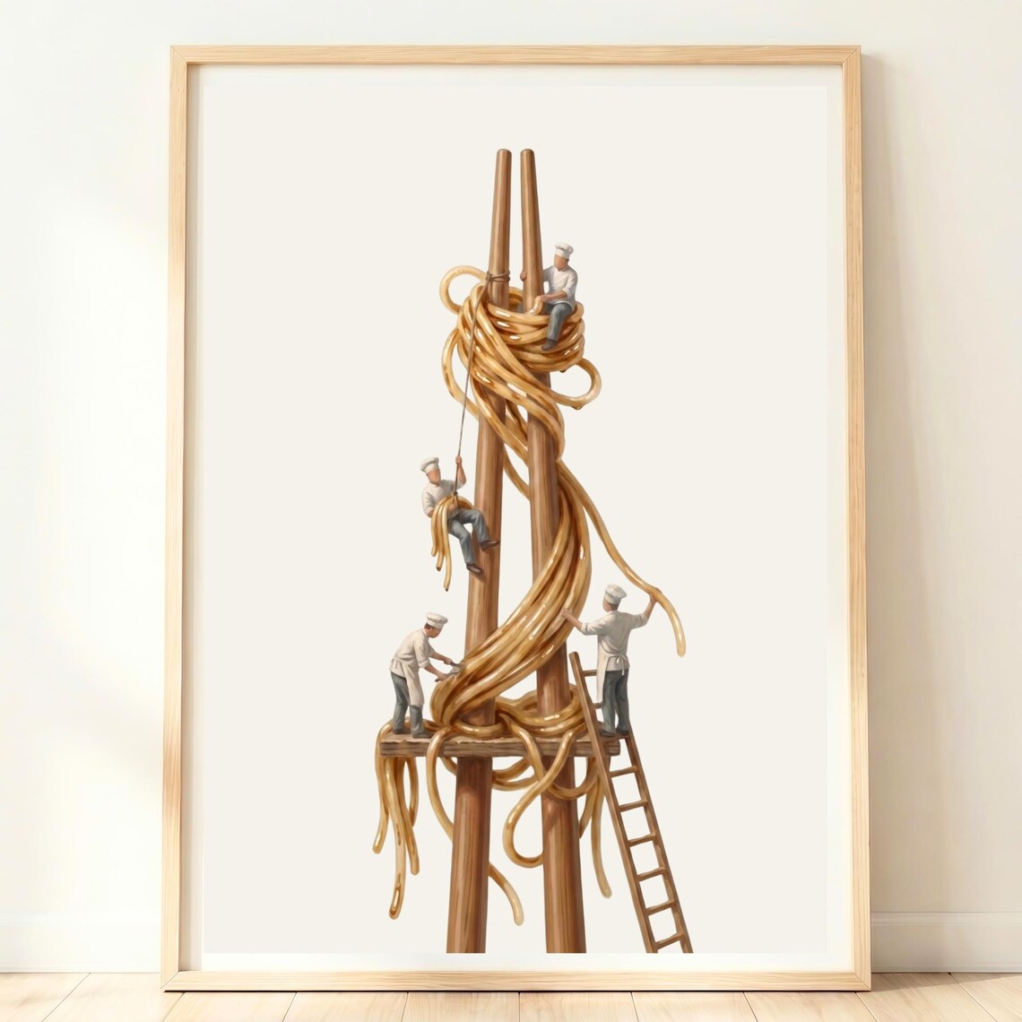 Tiny Chefs Climbing Giant Chopsticks Wrapped In Noodles Whimsical Poster