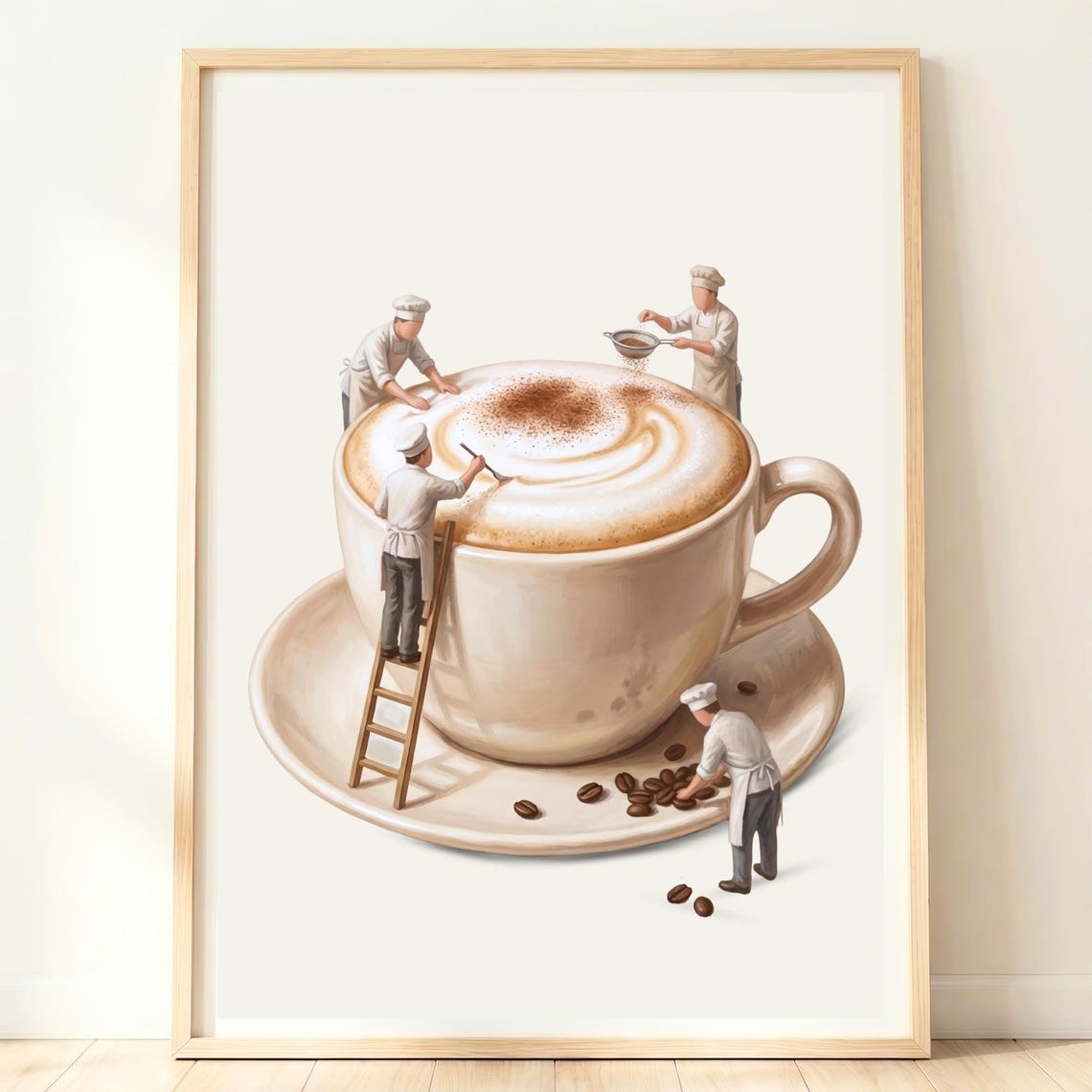 Cappuccino Cup Tiny Baristas Latte Art Whimsical Kitchen Poster