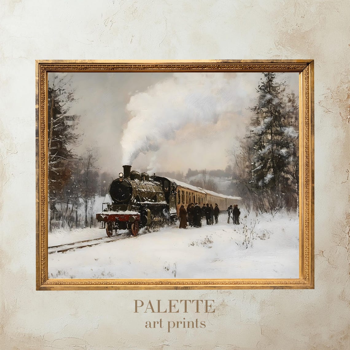 Vintage Steam Train Snowy Station Nostalgic Winter Railway Print