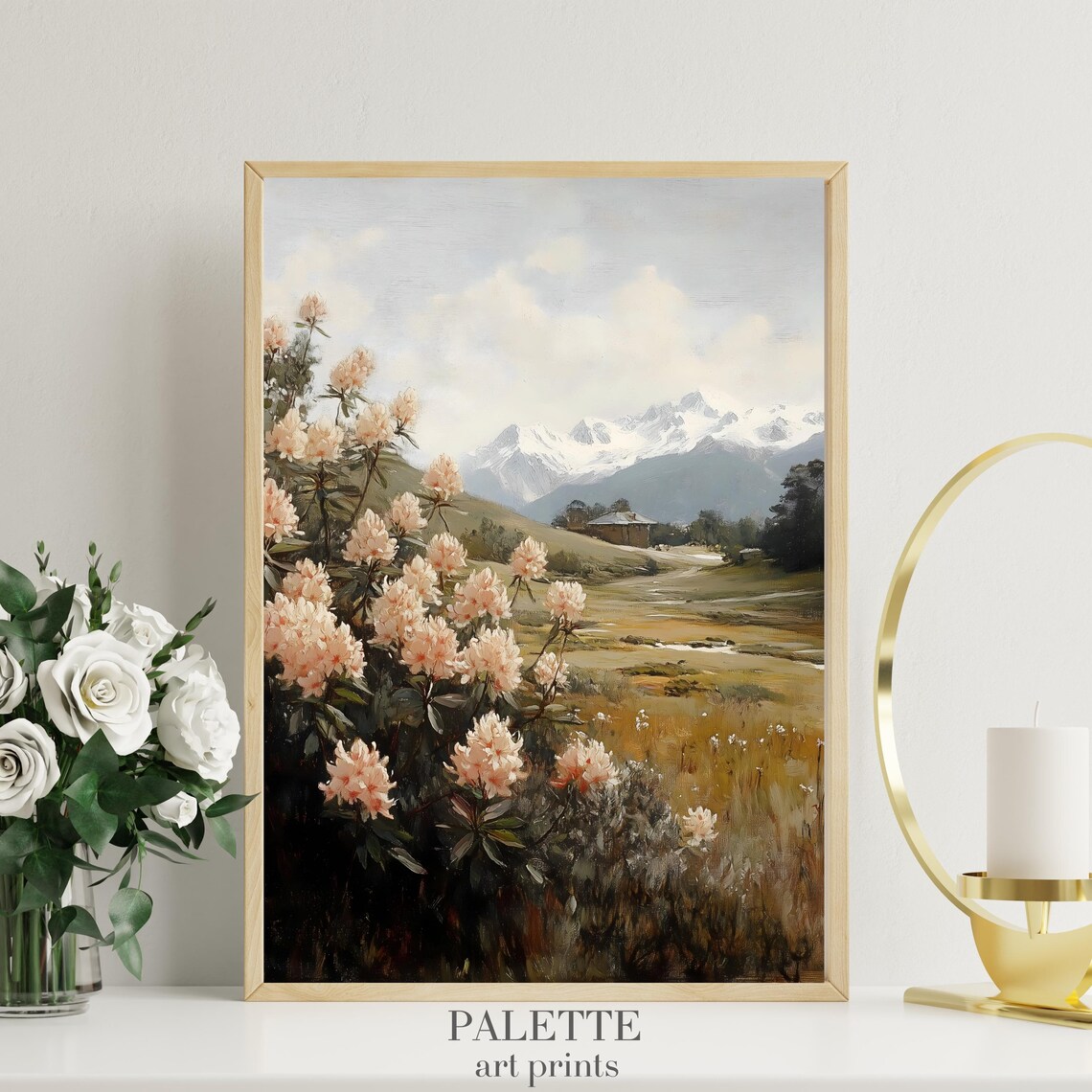 Spring Blossoms Mountain Meadow Snowy Peaks Rustic Cabin Painting Poster - Image 3