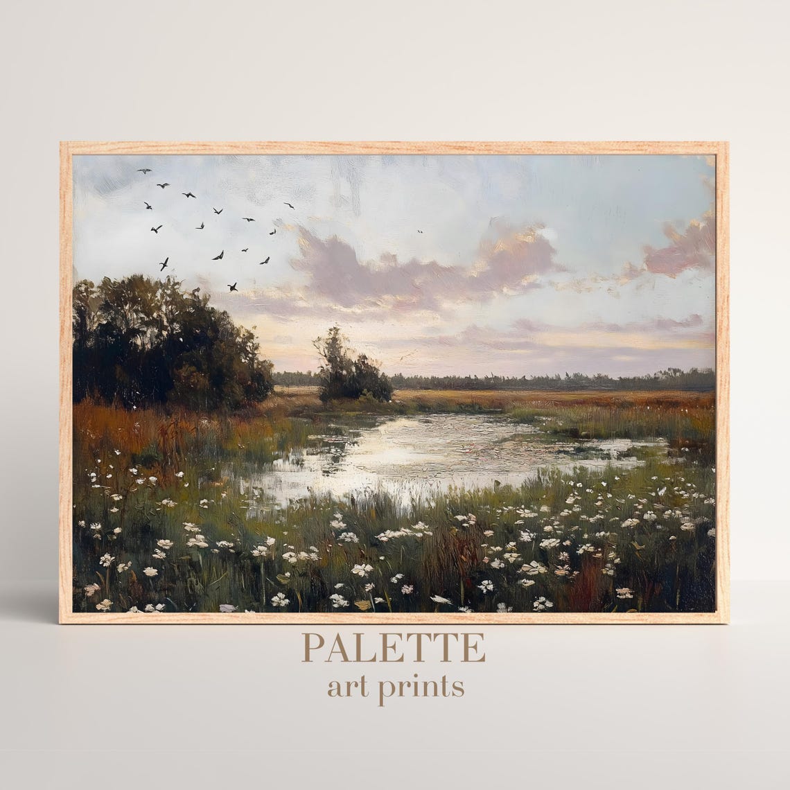 Marsh Pond Birds at Dusk Wildflower Banks Vintage Landscape Poster
