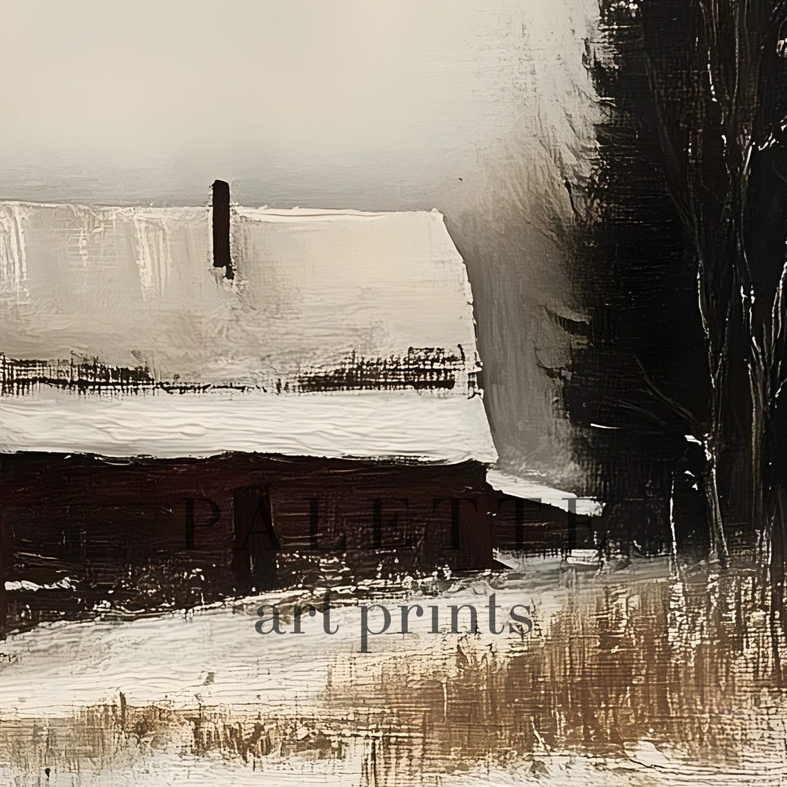 Red Barn Winding Stream Snowy Field Tall Pine Rustic Painting Poster - Image 2