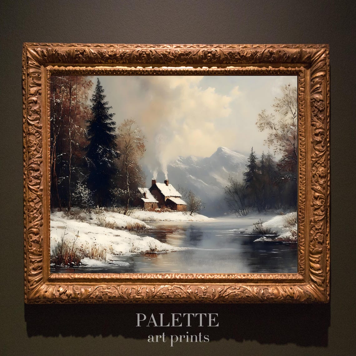 Cozy Cabin Beside A Winter River With Mountain Peaks Behind Poster - Image 3