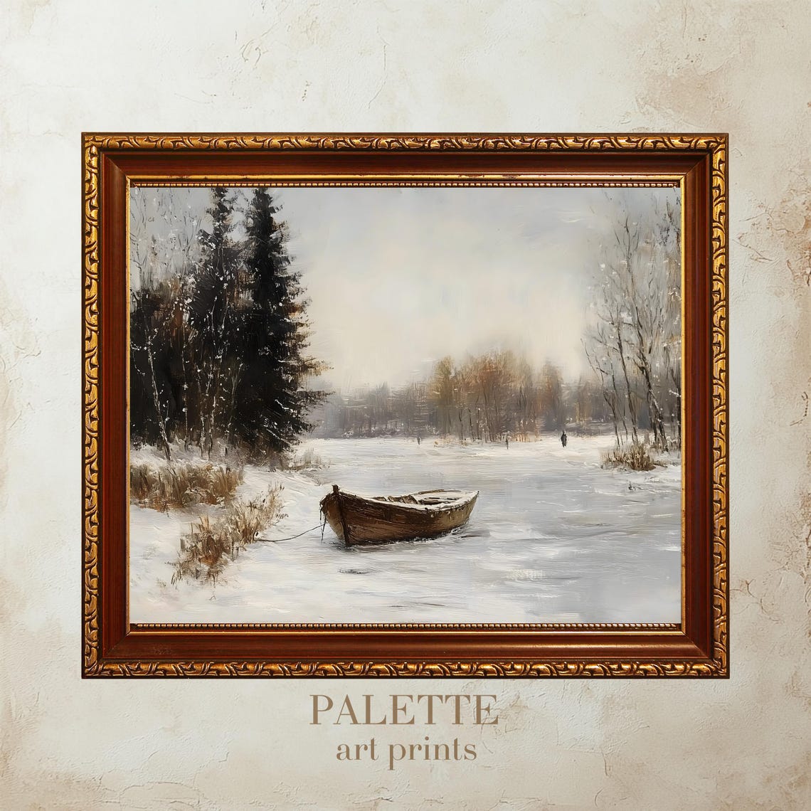 Rustic Boat Resting On A Frozen Winter Lake Snowy Forest Poster