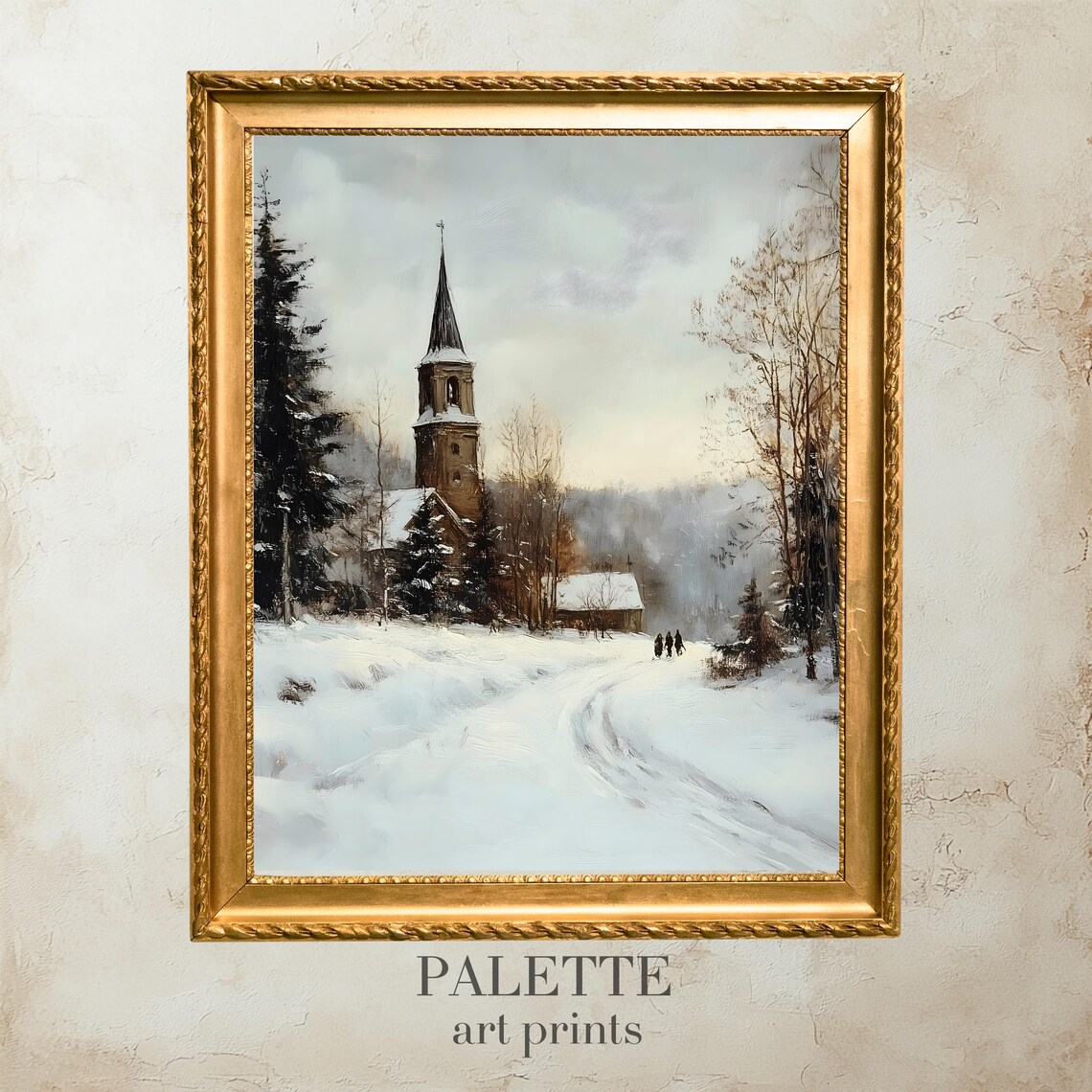 Snow Covered Village Church Steeple With Travelers Winter Wall Art