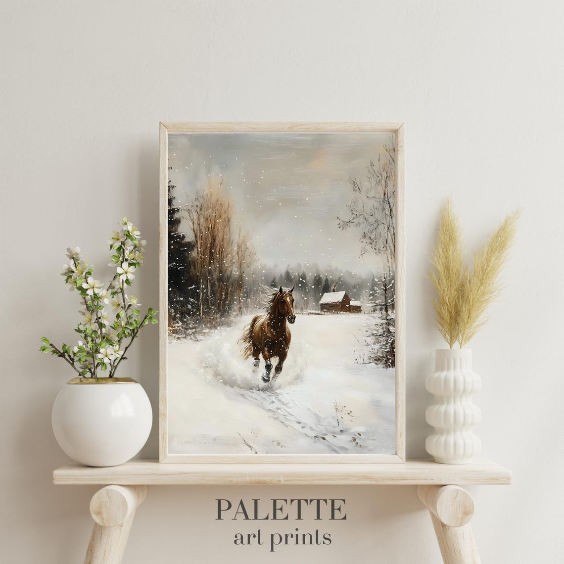 Chestnut Horse Galloping Down a Snowy Path Barn Behind Wall Art - Image 3