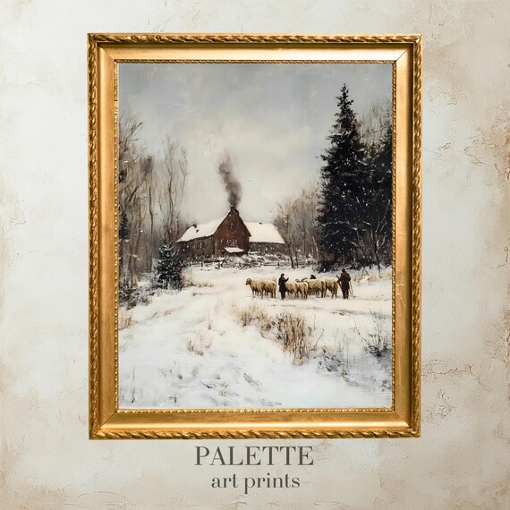 Winter Farmhouse Shepherds Tending Sheep Snowy Pasture Painting Poster