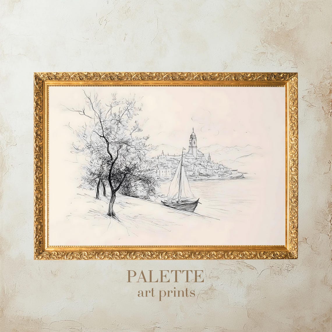 Coastal Town with Sailboat Pencil Sketch Village Scene Print - Image 3