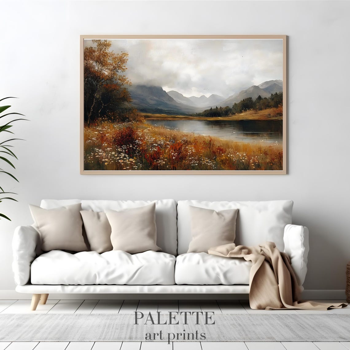 Autumn Mountain Lake with Wildflower Meadow Misty Peaks Wall Art - Image 3