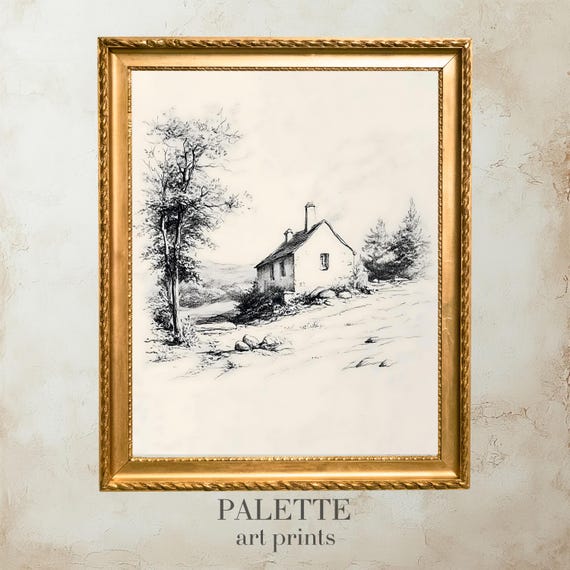Cottage In Countryside Drawing With Nature Elements Rustic Black And White Artwork Serene Landscape Art For Home Decor Skt024
