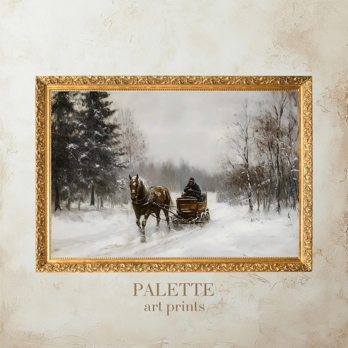 Horse Drawn Carriage Traveling A Snowy Forest Path In Winter Poster