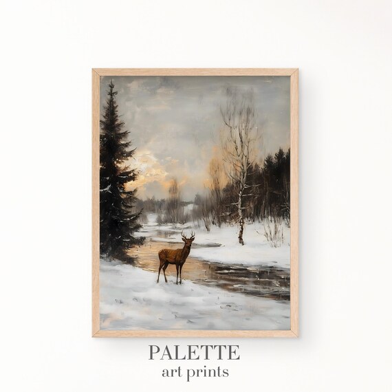Stag Standing by a Winter Stream in a Snowy Forest Dusk Wall Art