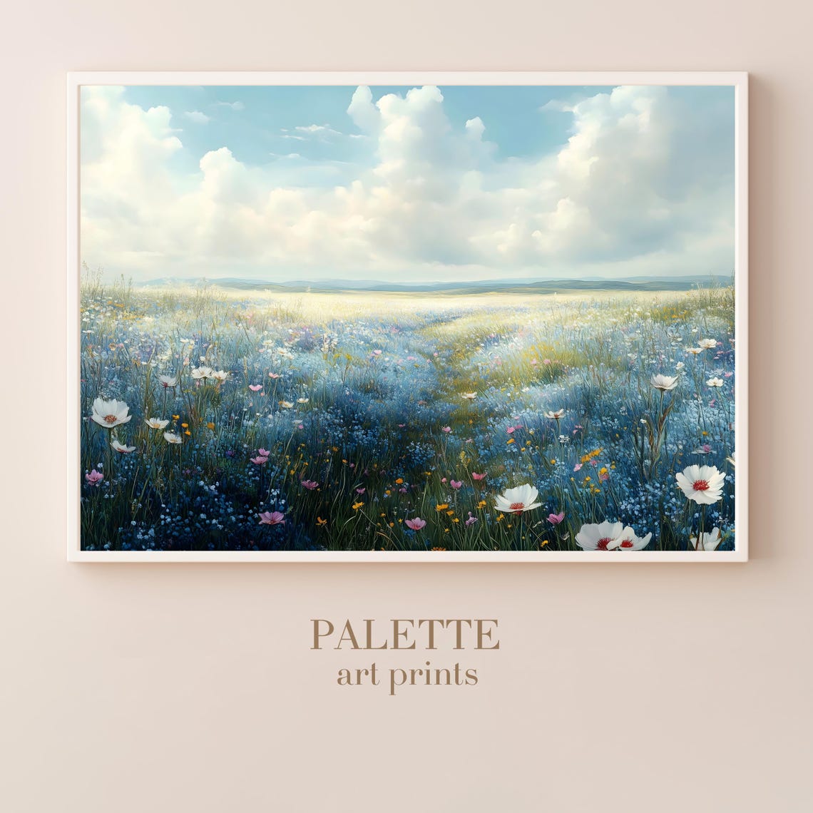 Wildflower Meadow Blue White Cosmos Bright Sky Floral Painting Poster