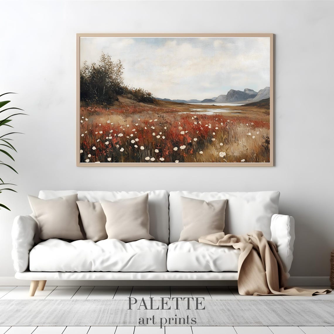 Mountain Meadow With Warm Red Wildflowers Under A Soft Sky Poster - Image 3