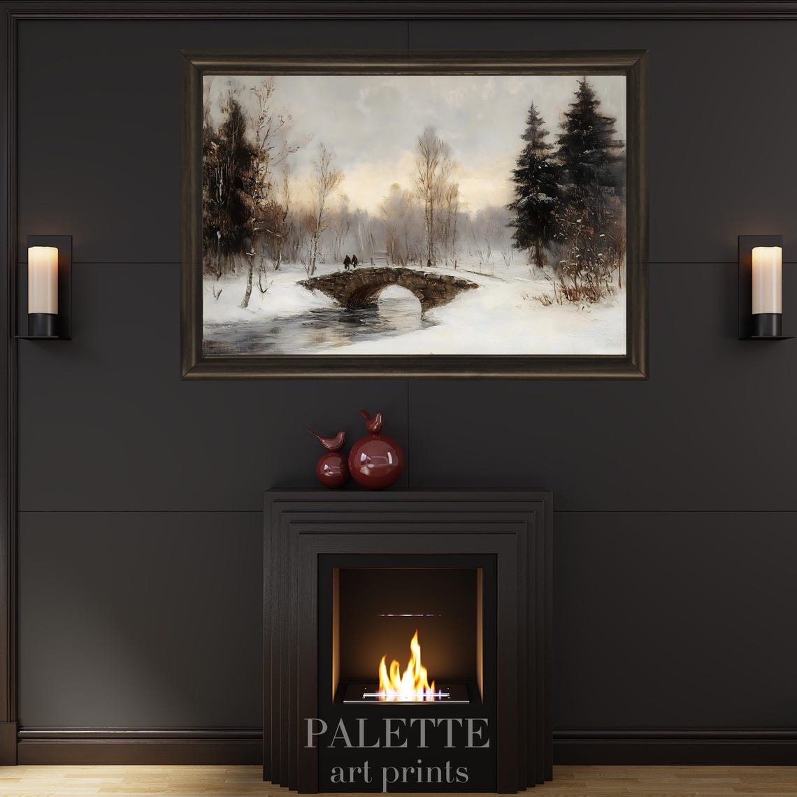Snowy Stone Bridge Over Winter River Forest Landscape Poster - Image 3