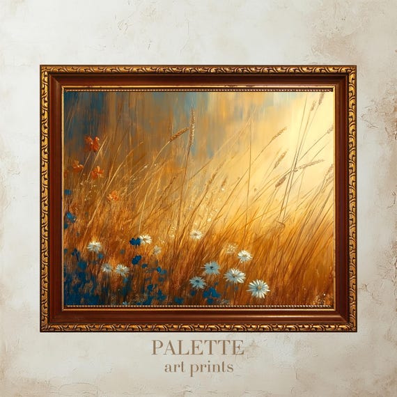 Golden Wheatfield At Sunrise Oil Painting Warm Rustic Farmhouse Wall Art Cozy Nature Scene For Country Inspired Homes Fld004