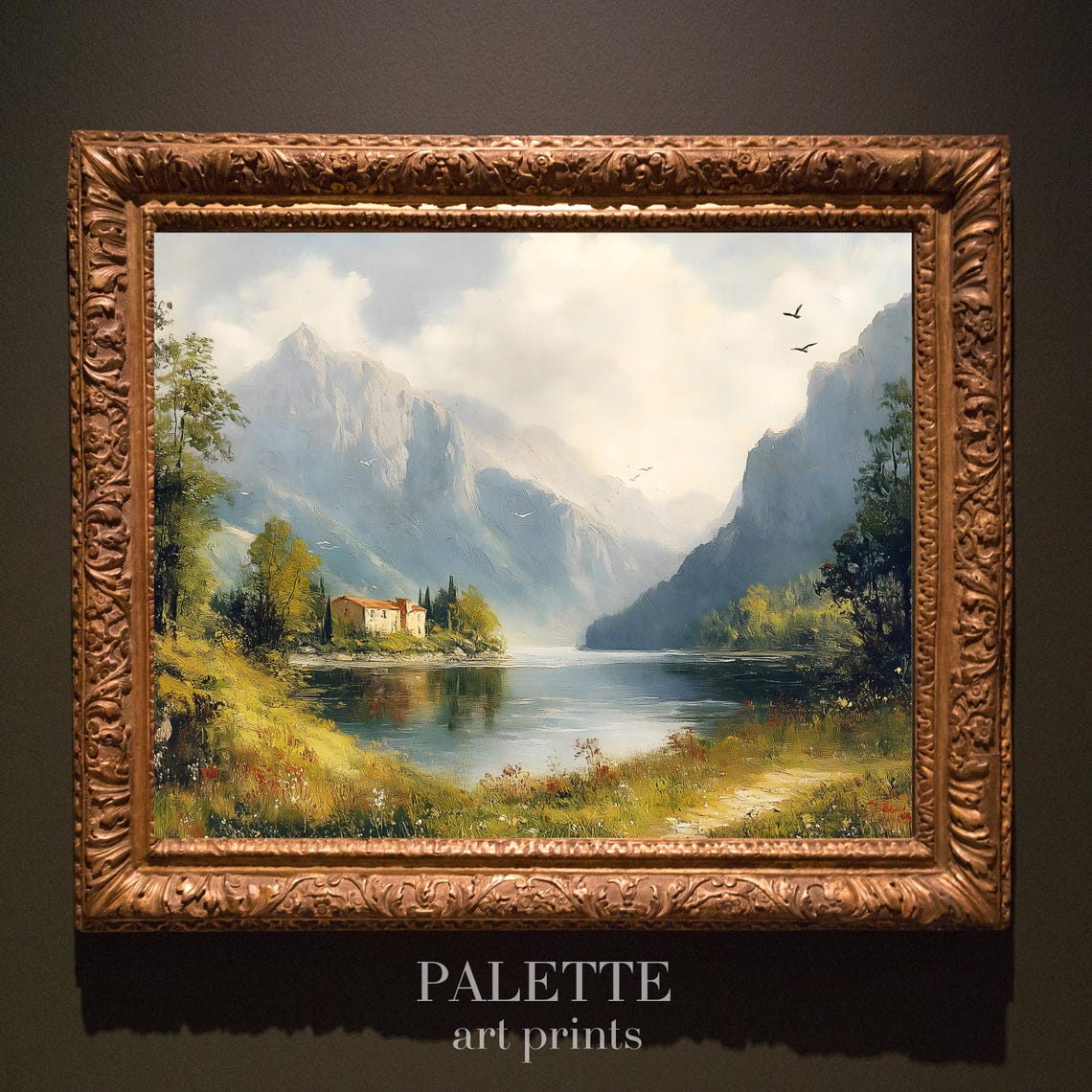 Alpine Lake With A Cottage Beneath Towering Mountain Peaks Poster - Image 3