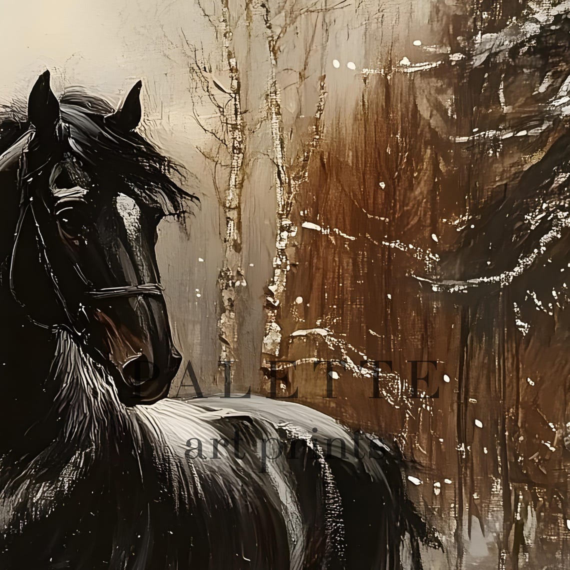 Majestic Black Horse Galloping Through a Snowy Pine Forest Wall Art - Image 2