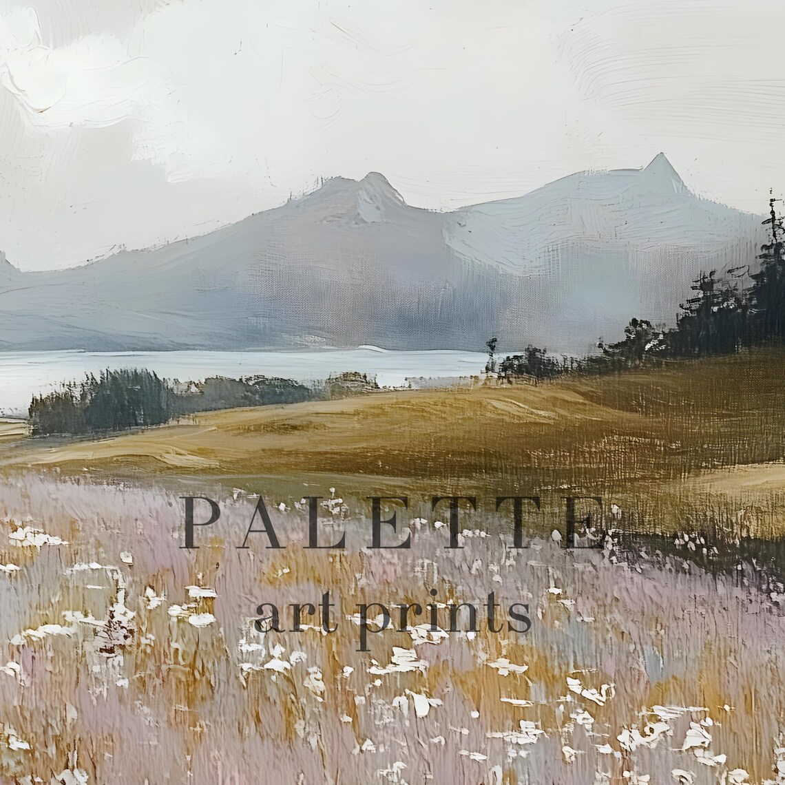 Purple Wildflower Field Lake Mountains Dreamy Pastel Landscape Poster - Image 2
