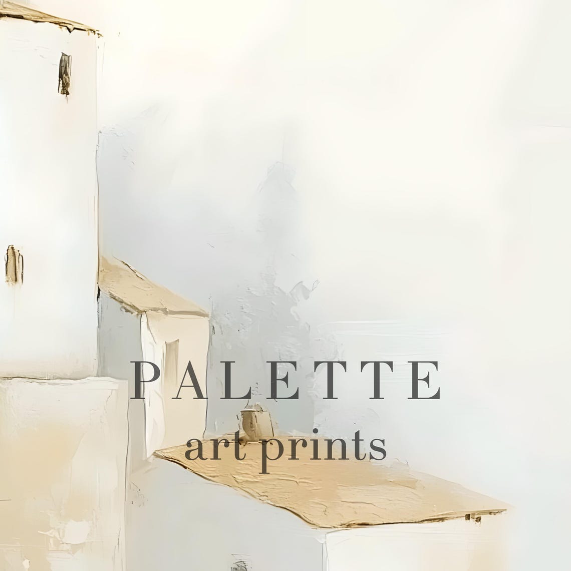 Whitewashed Hilltop Village in Mist Soft Neutral Tones Painting Poster - Image 2