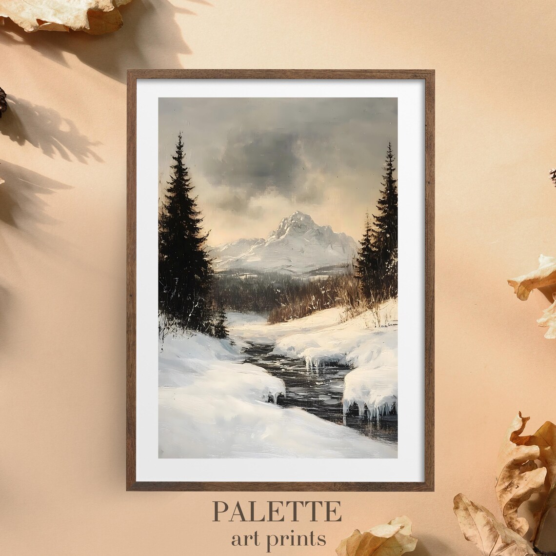 Snowy Mountain Stream Pine Forest Icicles Serene Winter Painting Poster - Image 3