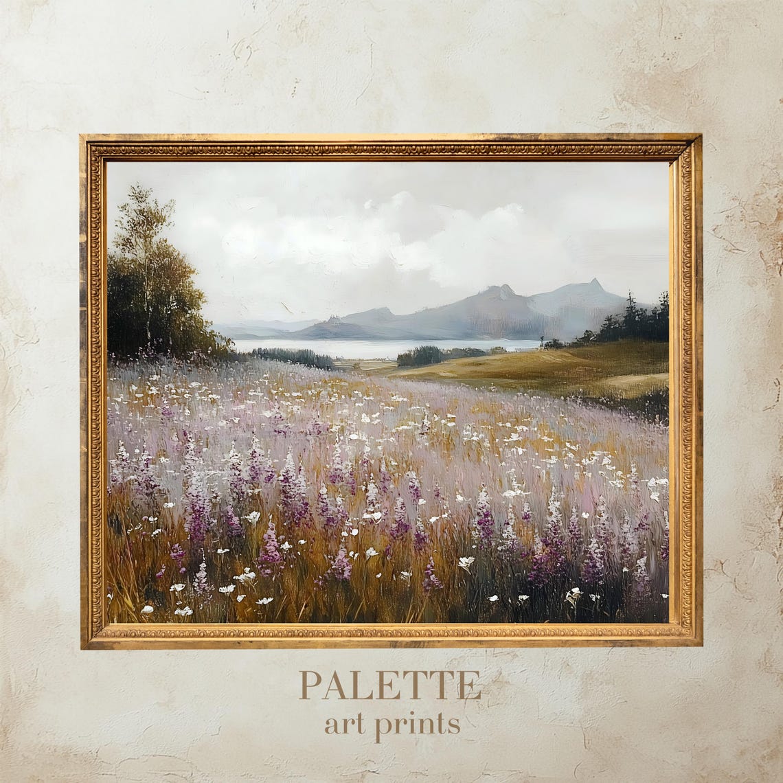 Purple Wildflower Field Lake Mountains Dreamy Pastel Landscape Poster