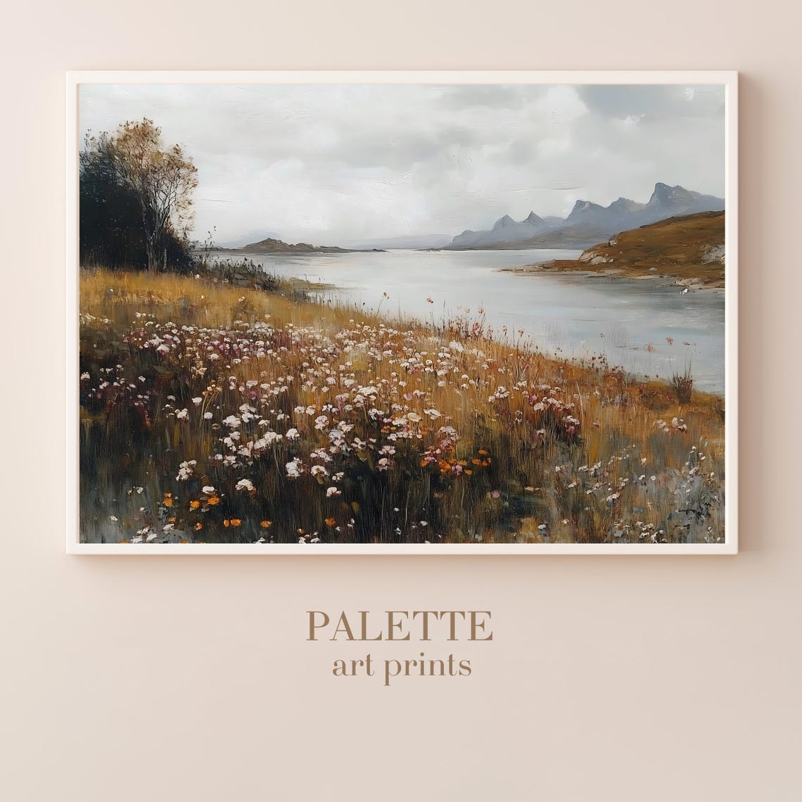 Wildflower Shoreline Calm Bay Distant Mountains Painting Wall Art