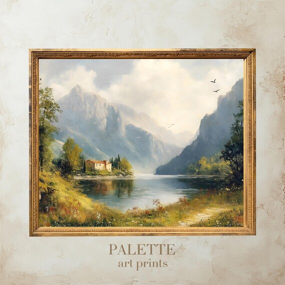 Scenic Mountain Lake With Cottage Oil Painting Nature Wall Art Print Landscape Artwork For Home Calm Lake Decor Lnd057