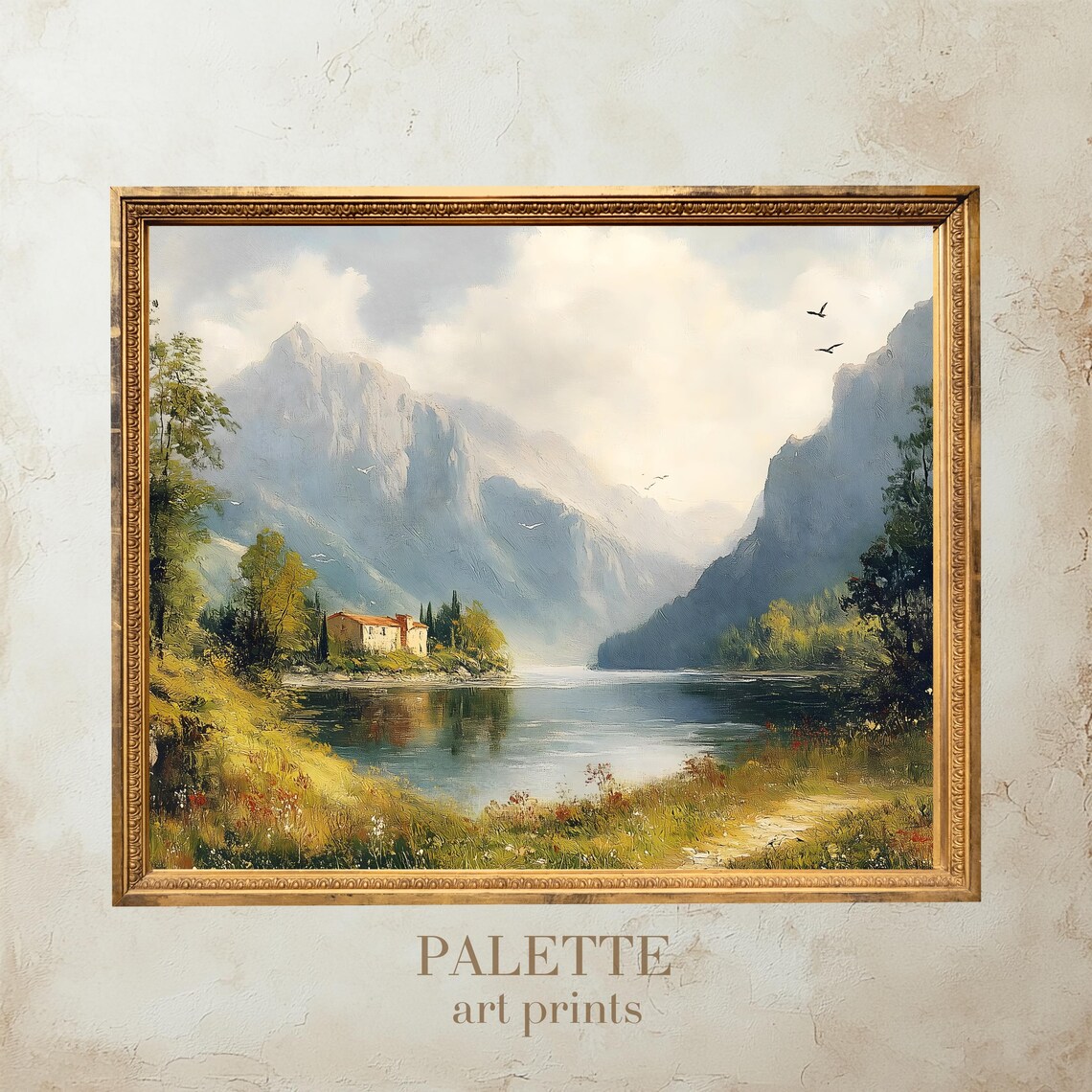 Alpine Lake With A Cottage Beneath Towering Mountain Peaks Poster