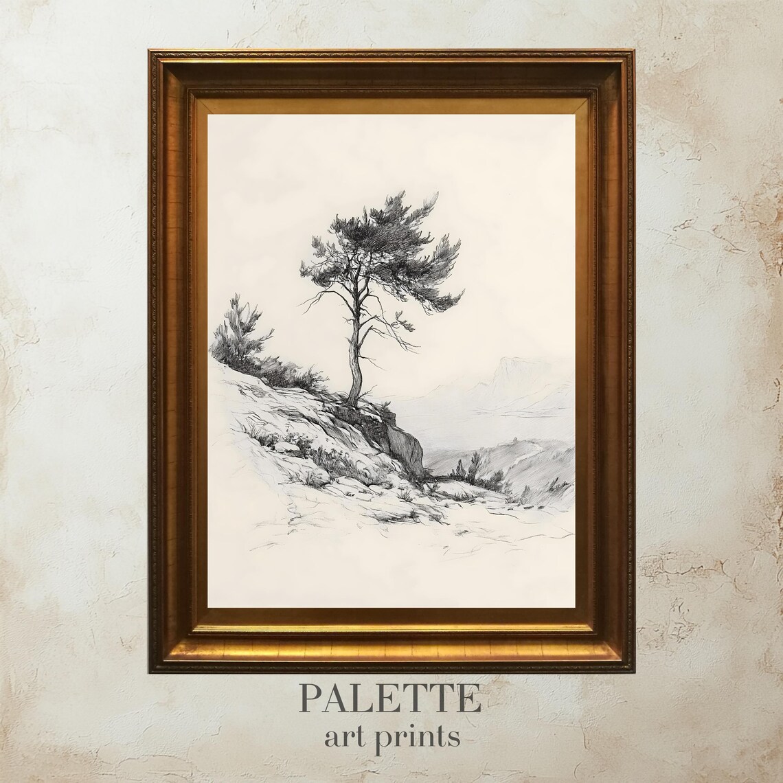 Tree On A Cliff, Minimalist Landscape Sketch