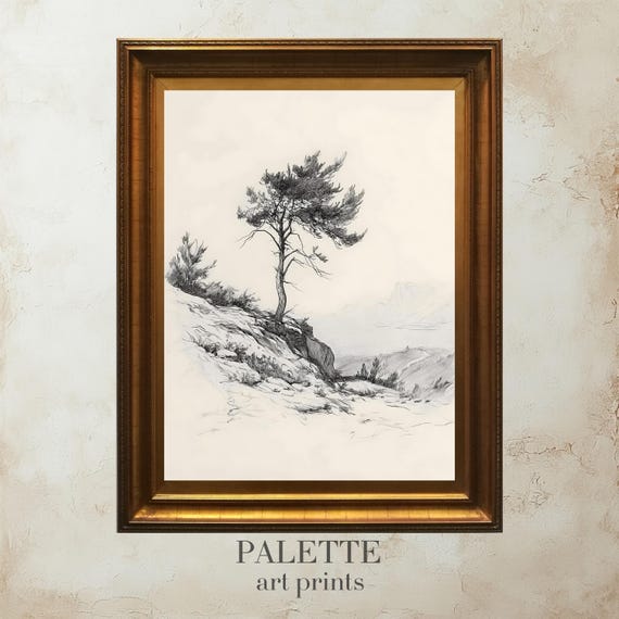 Tree On A Cliff, Minimalist Landscape Sketch