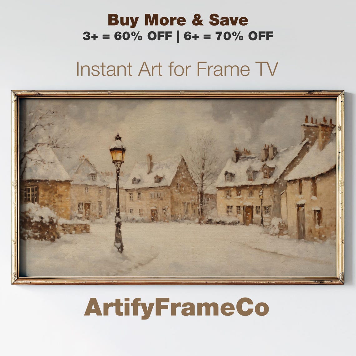 Snowy Village Street Lamppost Cottages Winter Frame TV Art Poster