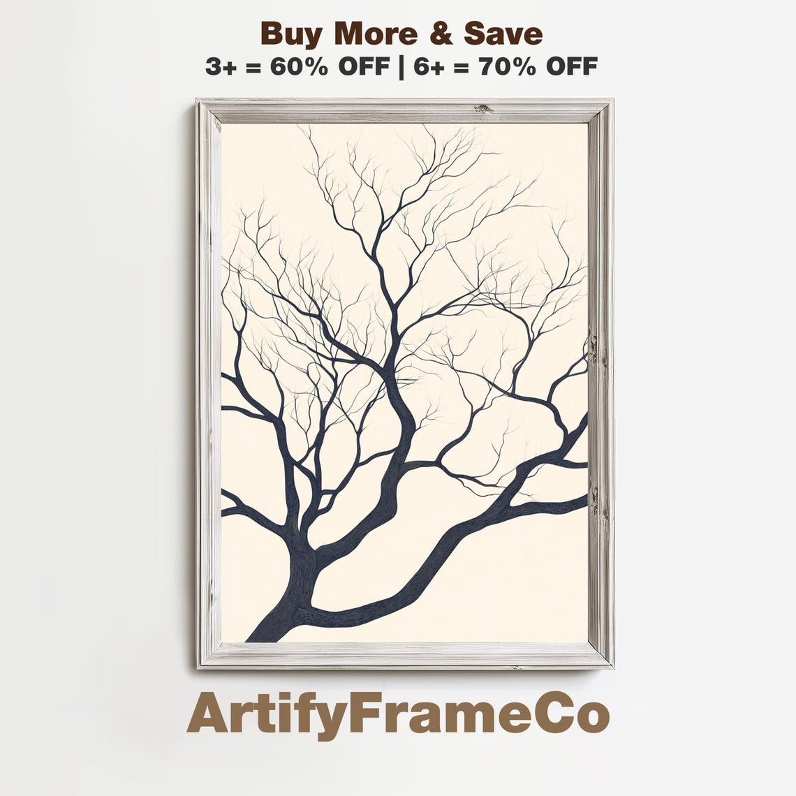 Bare Winter Tree Branches Close Up Moody Black Ink Art Poster