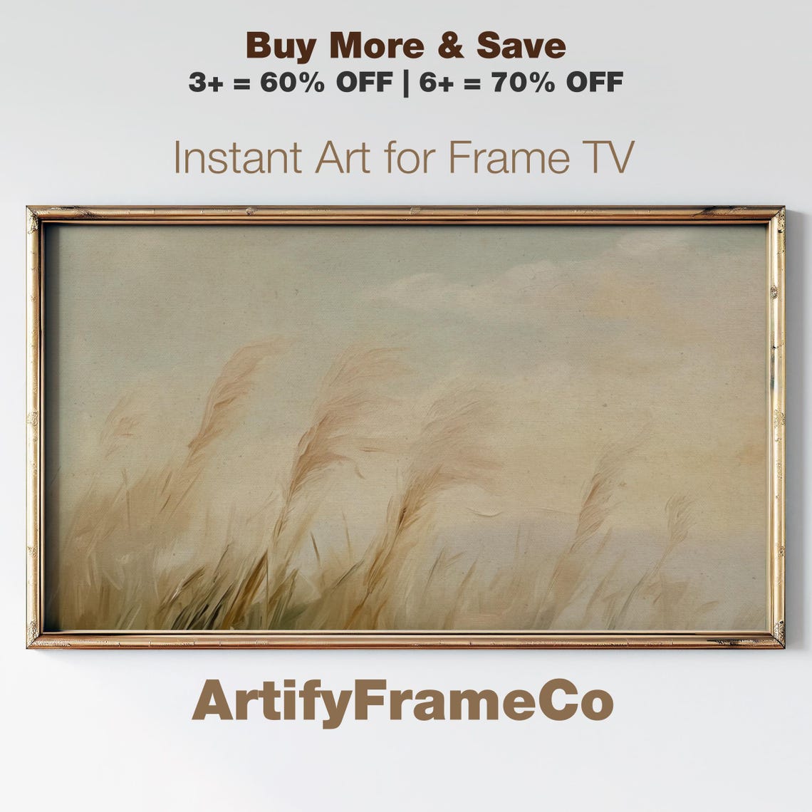 Tall Grasses Blowing Wind Hazy Sky Minimal Landscape Painting Poster