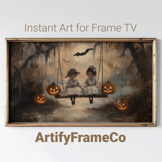 Victorian Children Halloween Costume Swing Pumpkins Moonlight Poster