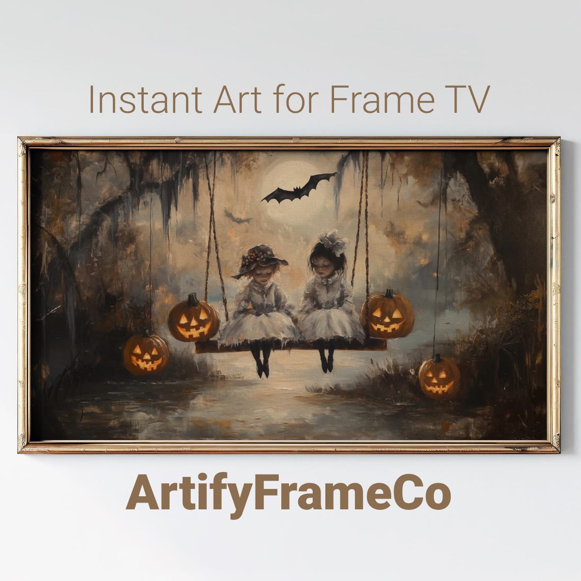 Victorian Children Halloween Costume Swing Pumpkins Moonlight Poster