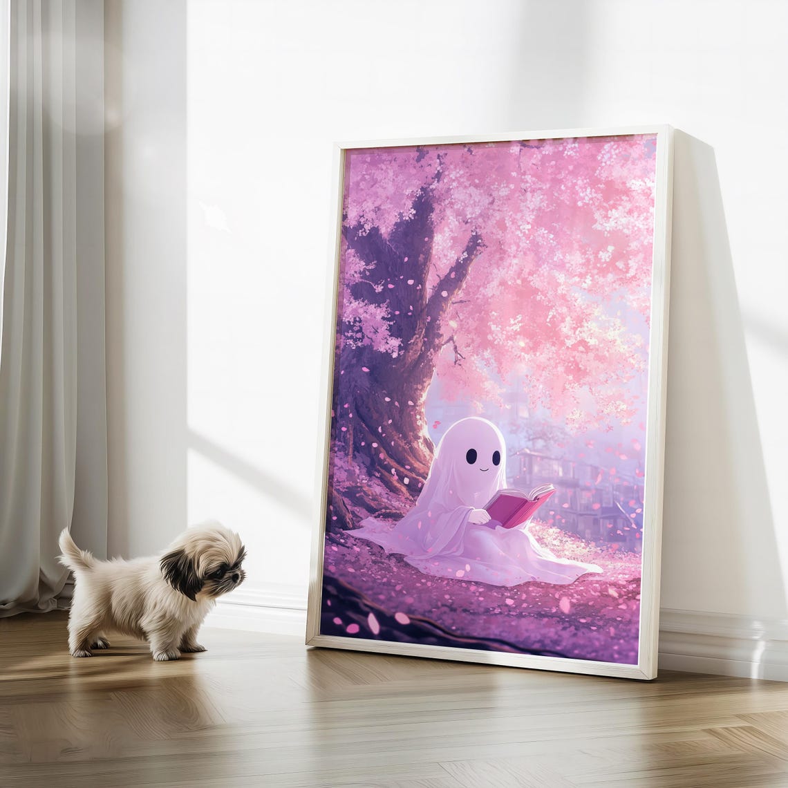 Cute Ghost Under Cherry Blossoms Art Kawaii Halloween Decor Whimsical Pastel Illustration Childrens Art - Image 3