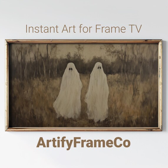 Two Ghosts Standing in a Golden Field at Dusk Sepia Vintage Halloween Wall Art