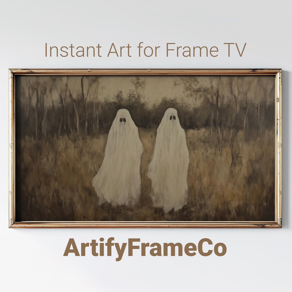 Two Ghosts Standing in a Golden Field at Dusk Sepia Vintage Halloween Wall Art