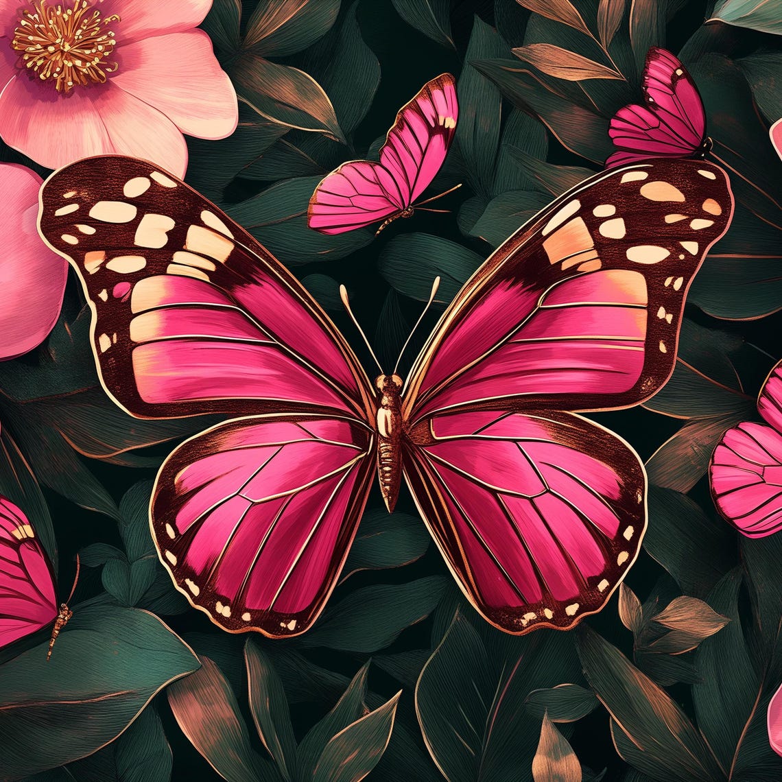 Pink Butterflies and Blossoms Dark Botanical Glam Garden Art Poster - Image 4